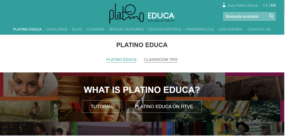 A screenshot of the Platino Educa website homepage. The top section features a teal header with the Platino Educa logo, a search bar, and a navigation menu including links to Catalogue, Blog, Courses, and Special Features. Below the header, a large banner displays a horizontal collage of various film stills. Superimposed over the collage is the text "WHAT IS PLATINO EDUCA?" followed by two buttons labeled "TUTORIAL" and "PLATINO EDUCA ON RTVE."