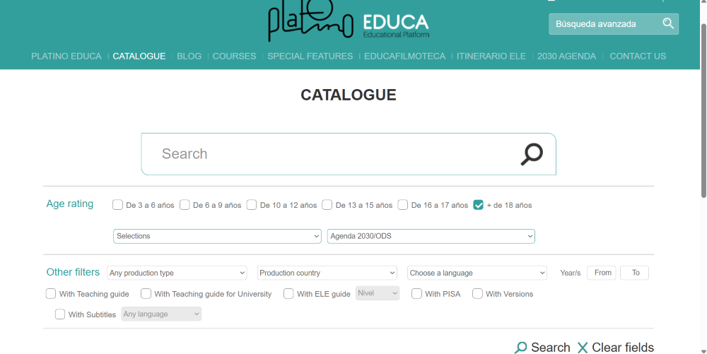 A screenshot of the "Catalogue" search page on the Platino Educa website. The page features a large search bar at the center. Below it are various filter options starting with "Age rating," which includes checkboxes for age ranges from "De 3 a 6 años" to "+ de 18 años" (which is currently selected). Below the age ratings are dropdown menus for "Selections" and "Agenda 2030/ODS." A section labeled "Other filters" includes dropdowns for production type, production country, and language, as well as "Year/s" fields for "From" and "To." Additional checkboxes allow filtering for content "With Teaching guide," "With Teaching guide for University," "With ELE guide," "With PISA," "With Versions," and "With Subtitles." Buttons for "Search" and "Clear fields" are located at the bottom right. 