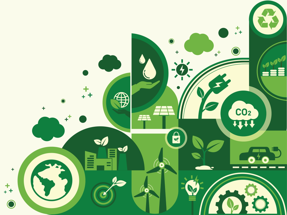 Illustrated symbols of sustainability, including a green globe, factory with leaves growing from smokestacks, green gears, lightbulb with green leaves inside it, cloud labelled CO2 with downward arrows extendeding from its bottom, an electrical cord sprouting from a leafy stemp, a hand reaching for falling raindrops, solar panels, an electric car with plug for charging, and a triangle made of three arrows symbolizing recylcing. 