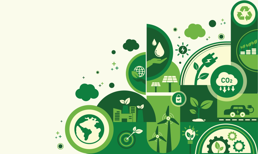 Illustrated symbols of sustainability, including a green globe, factory with leaves growing from smokestacks, green gears, lightbulb with green leaves inside it, cloud labelled CO2 with downward arrows extendeding from its bottom, an electrical cord sprouting from a leafy stemp, a hand reaching for falling raindrops, solar panels, an electric car with plug for charging, and a triangle made of three arrows symbolizing recylcing. 