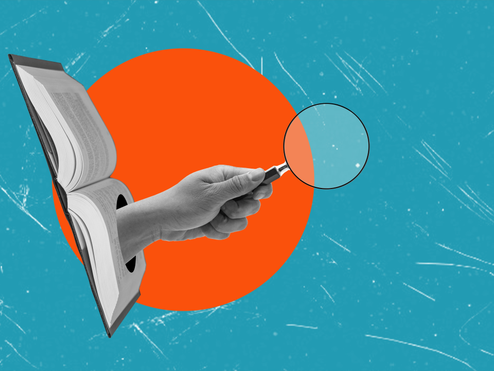 Illustration of a hand reaching through a book holding a magnifying glass
