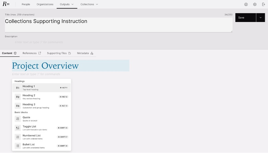A screenshot of the full content pane with the menu open for selecting heading and content block types