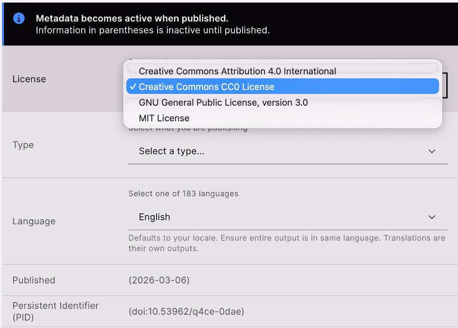 A screenshot of the output metadata pane, showing the four available license types