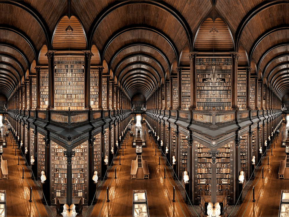 An image of a wood-paneled library corridor, with long shelves and an arched ceiling, repeated several times in a kaleidoscopic effect