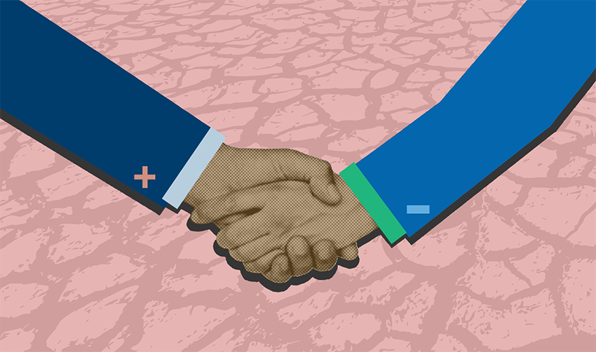 An illustration of two arms, shaking hands, against a dry, cracked landscape 