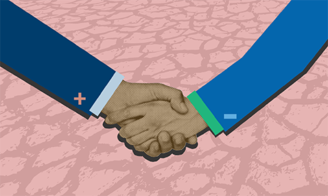 An illustration of two arms, shaking hands, against a dry, cracked landscape 
