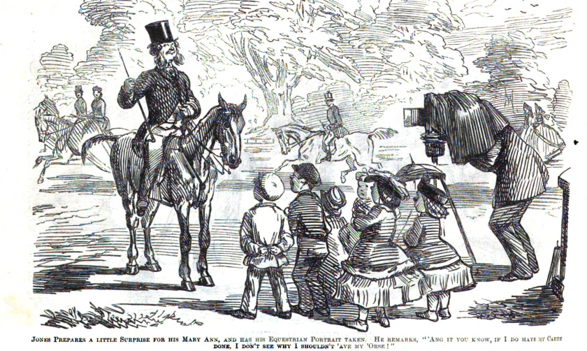 A nineteenth century cartoon of a man atop a hourse, being watched by a group of children as his photograph is taken 