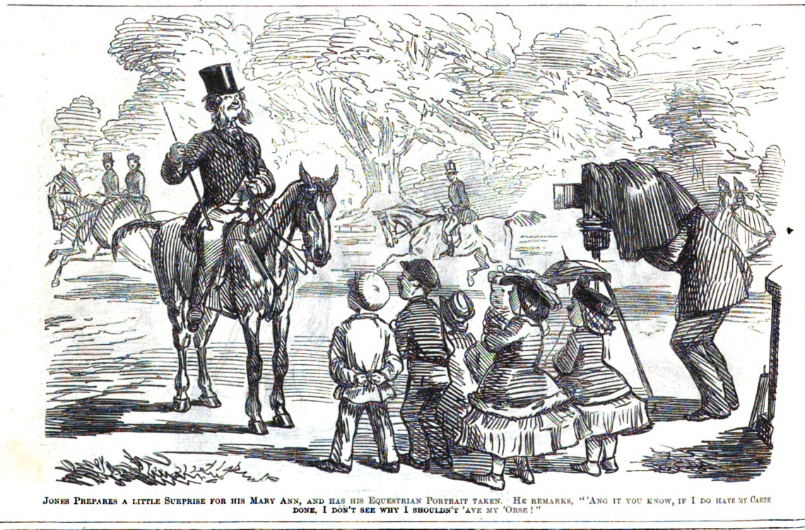 A nineteenth century cartoon of a man atop a hourse, being watched by a group of children as his photograph is taken 