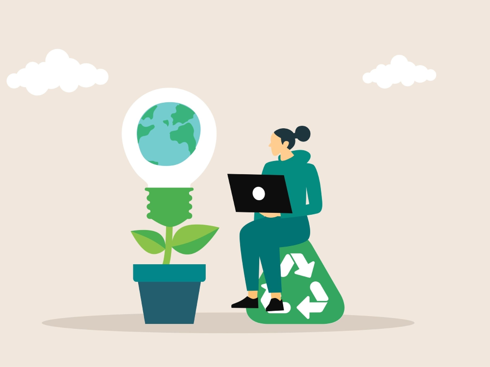 A woman holding a laptop sitting on a recycling logo looking at a lightbulb with a globe inside, blooming like a plant