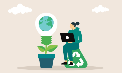 A woman holding a laptop sitting on a recycling logo looking at a lightbulb with a globe inside, blooming like a plant