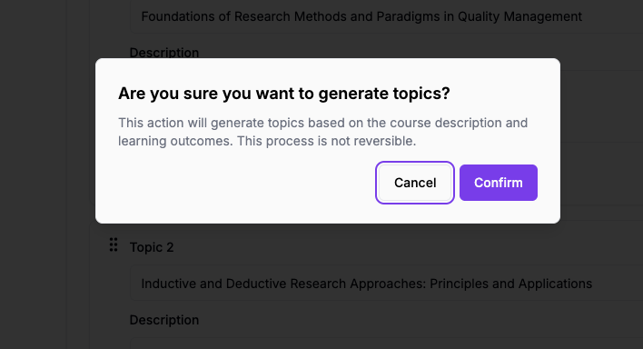 Screenshot showing “Are you sure you want to generate topics?” warning