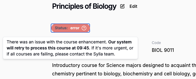 screenshot showing a red bar reading “Status: error” above a text box describing an issue with the course enhancement