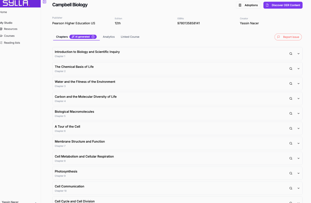 Screenshot showing AI-generated table of contents for Campbell Biology