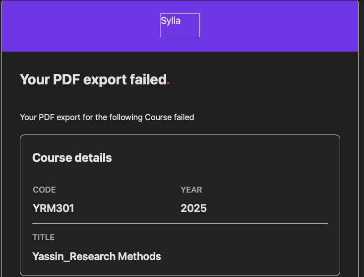 screenshot showing notification that the PDF export for a course has failed