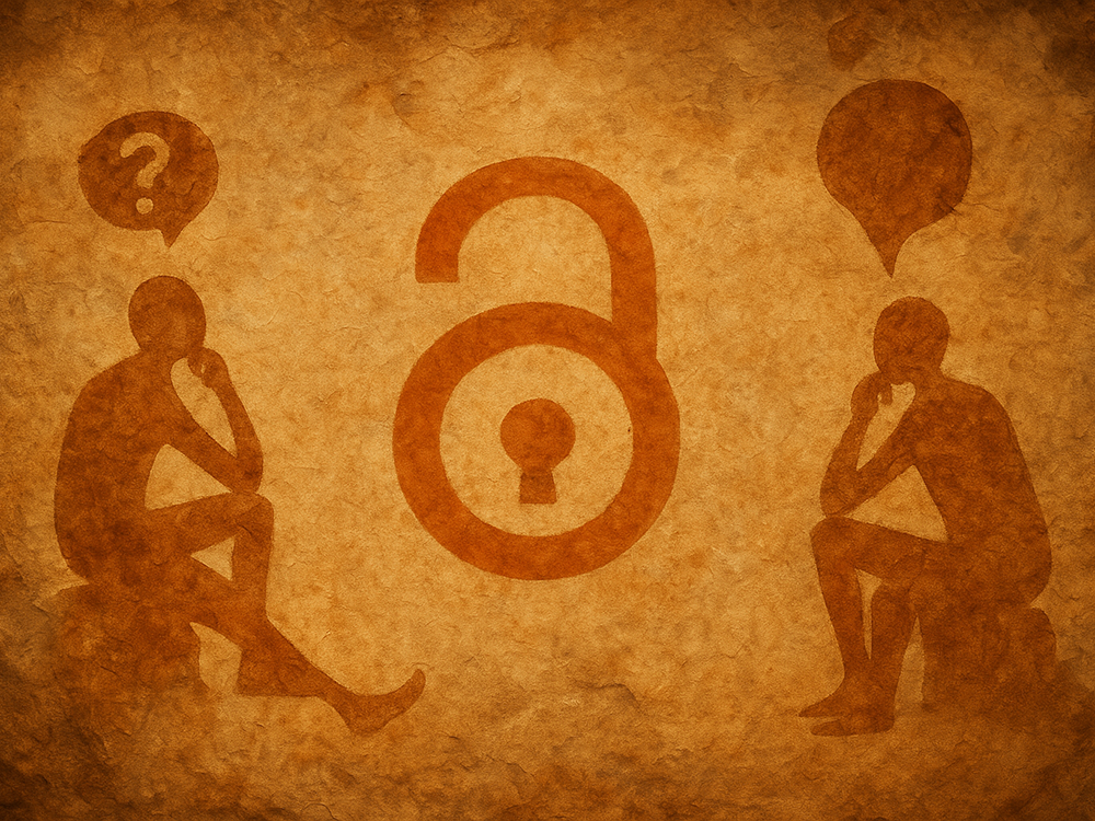 Illustration of two figures in silhouette, sitting on rocks, facing each other looking at an open padlock, with thought bubbles above their heads, one with a question mark in it, one empty