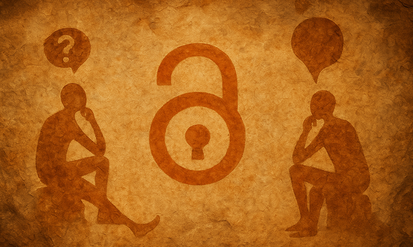 Illustration of two figures in silhouette, sitting on rocks, facing each other looking at an open padlock, with thought bubbles above their heads, one with a question mark in it, one empty