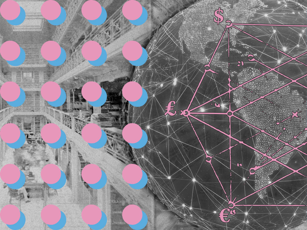 Photo illustration showing a 19th century library scene behind a grid of dots, beside a globe over which is traced a network of lines with currency symbols at some of the connecting points. 