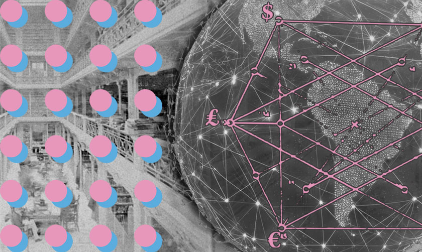 Photo illustration showing a 19th century library scene behind a grid of dots, beside a globe over which is traced a network of lines with currency symbols at some of the connecting points. 