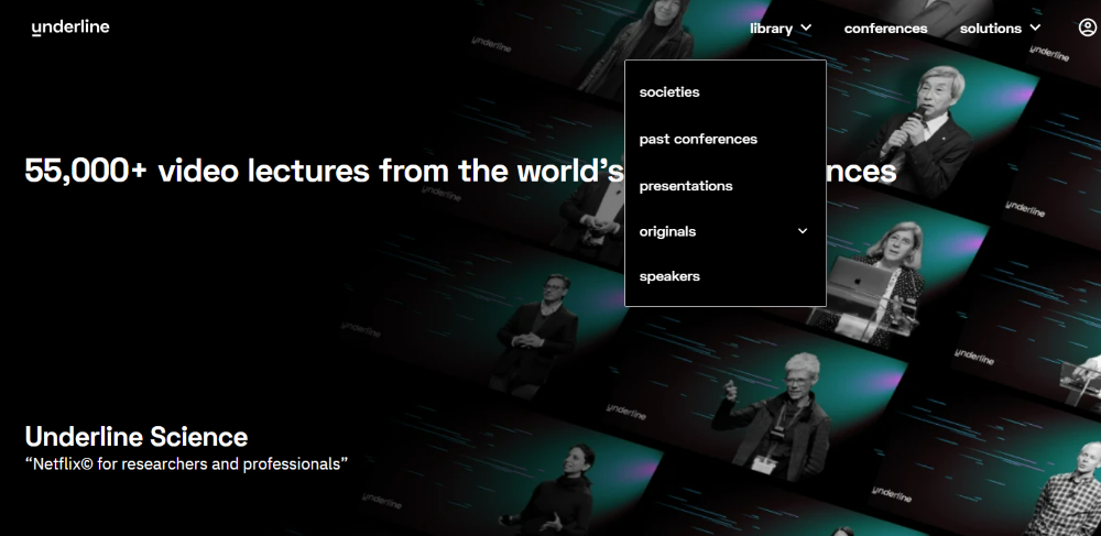 Underline Science “Library” dropdown: “societies,” “past conferences,” “presentations,” “originals,” and “speakers.”