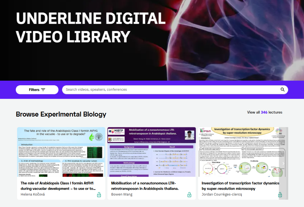 Underline Digital Video Library search page with the search bar, filter button, and suggested section “Browse Experimental Biology.”