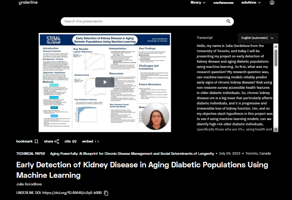 Presentation page for the paper “Early Detection of Kidney Disease in Aging Diabetic Populations Using Machine Learning” which includes the English transcript, authors, date, abstract, keywords, and DOI.