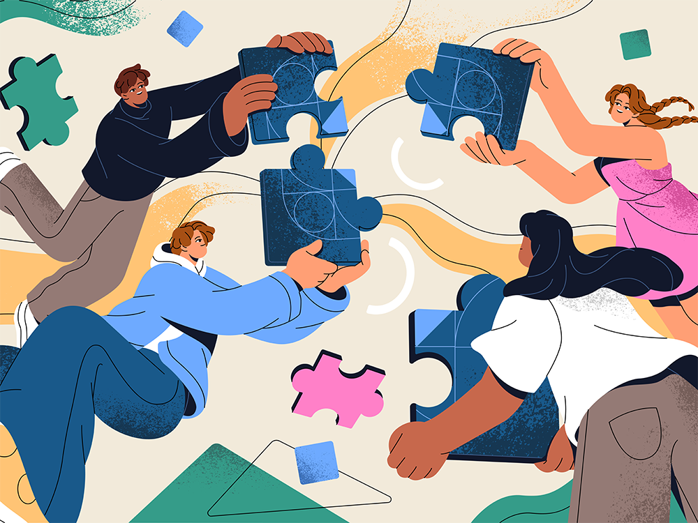 An illustration showing four people putting together large puzzle pieces in the air 