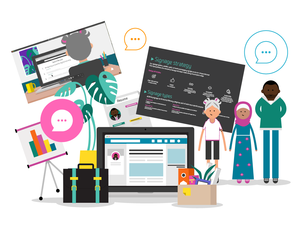 A compilation of colorful design elements—a person working at a desk, a potted plant, a computer with text, speech bubbles, several characters, a box with desk supplies, a suitcase, a presentation on an easel, a resume, a document describing “sinage strategy” 