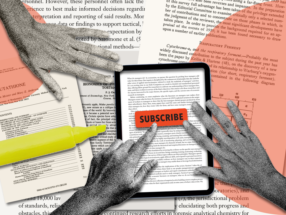 Hands hover over a red button reading “subscribe” with academic journals in the background 