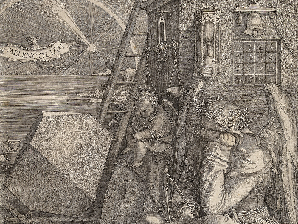 An engraving, showing in the foreground, a scowling winged figure, with a cherub-like figure beside her, with scales, an hourglass, a bell, and a grid of numbers behind them, and a creature carrying a banner reading “Melencolia” in the corner